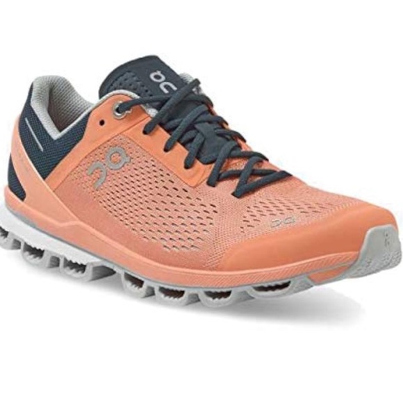 On Running Shoes - On Cloudsurfer coral and navy shoes